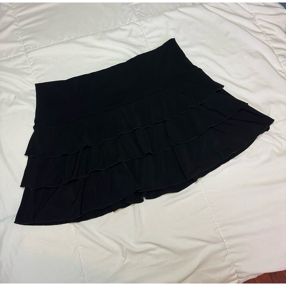 VTG 90s/00s Star City Black Stretchy Ruffle Mini Skirt Tiered Layers L Women Y2K